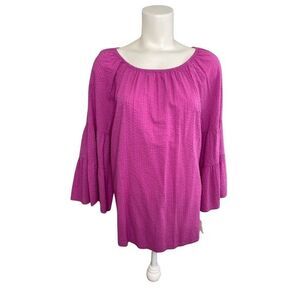 LIZ CLAIBORNE Off the Shoulder Bell‎ Sleeve Seersucker Top Large NEW